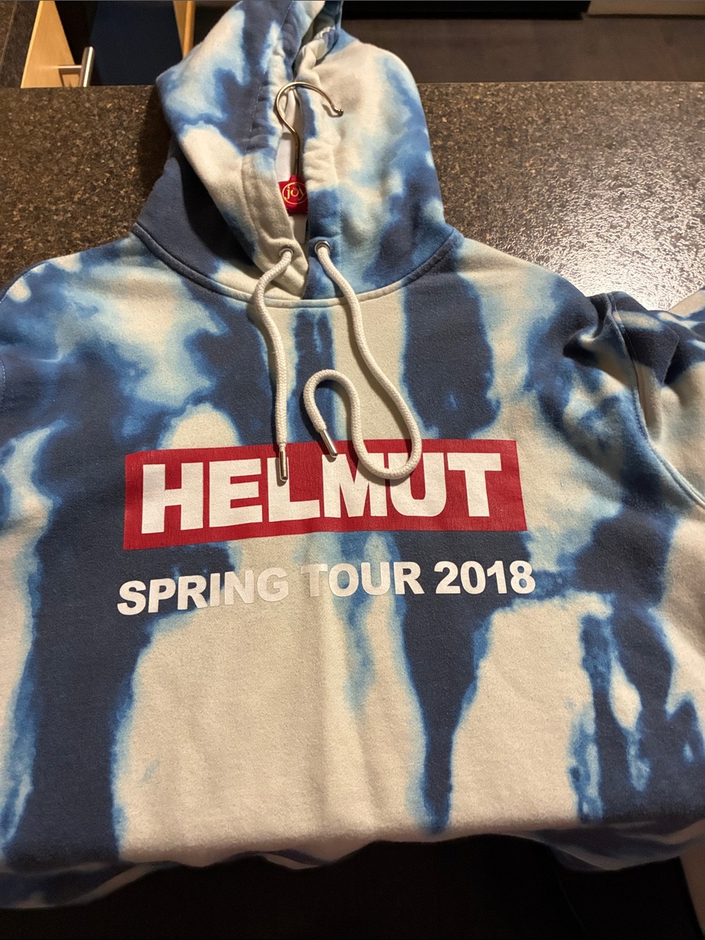 Helmut Lang Blue & White Tie-Dye Kids Hoodie with Red Logo